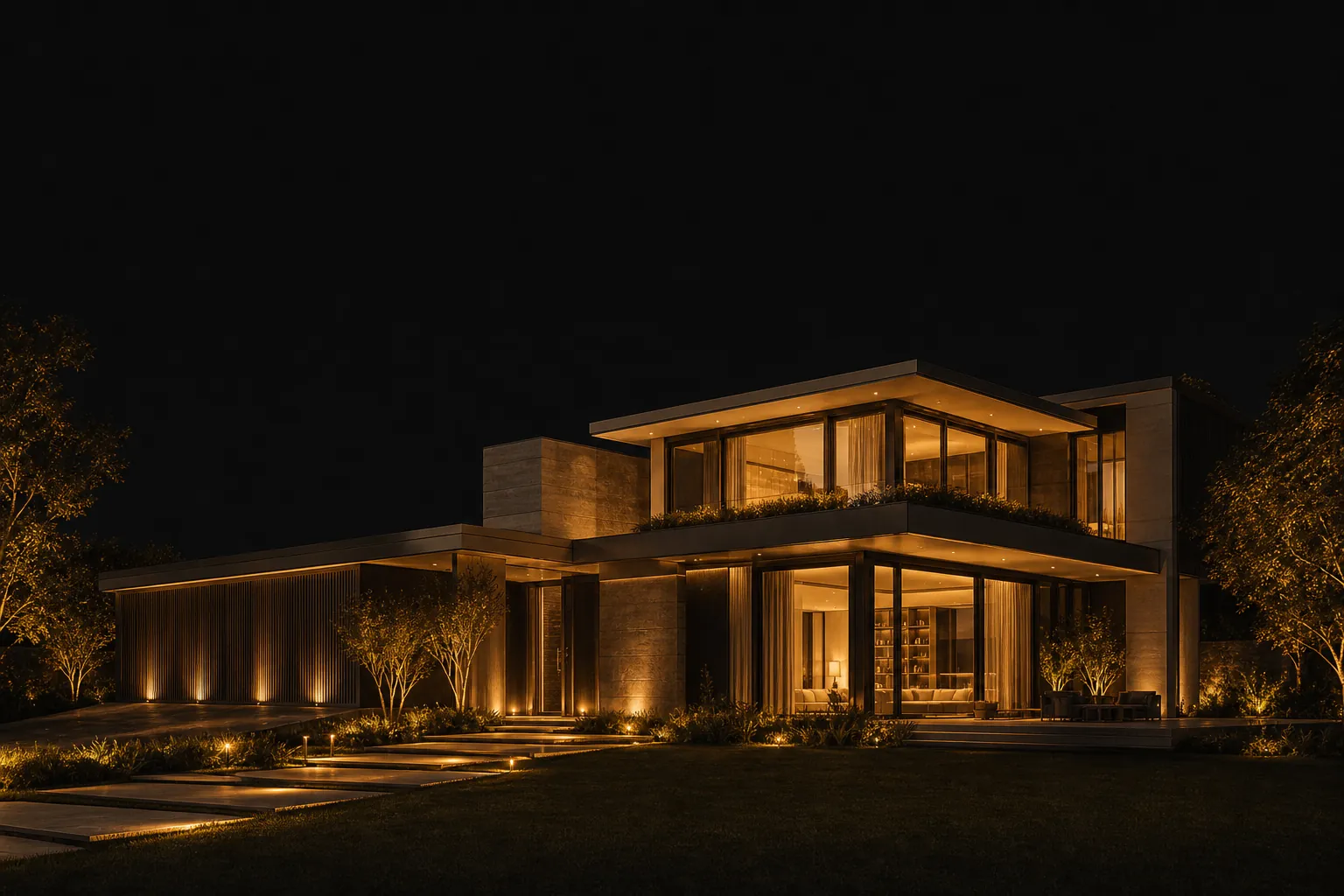 Concept rendering of a bronze-and-glass arrival court at golden hour