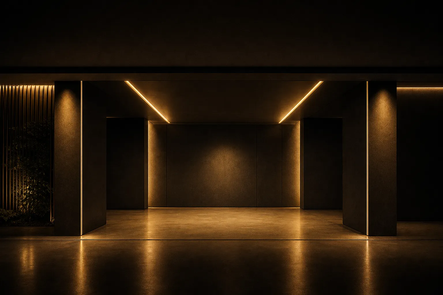 Concept rendering of an empty consultation studio in black, oak, and gold